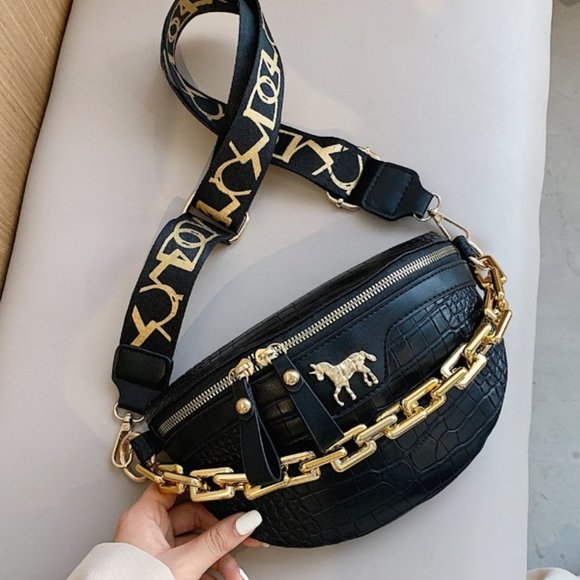 Contemporary Chain Decor Crocodile Embossed Fanny Pack - Picture 3 of 8